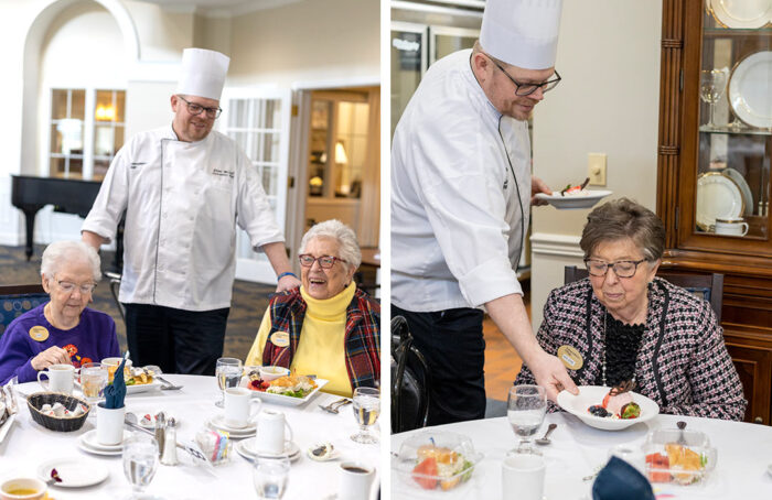 chef serving an elderly woman a meal