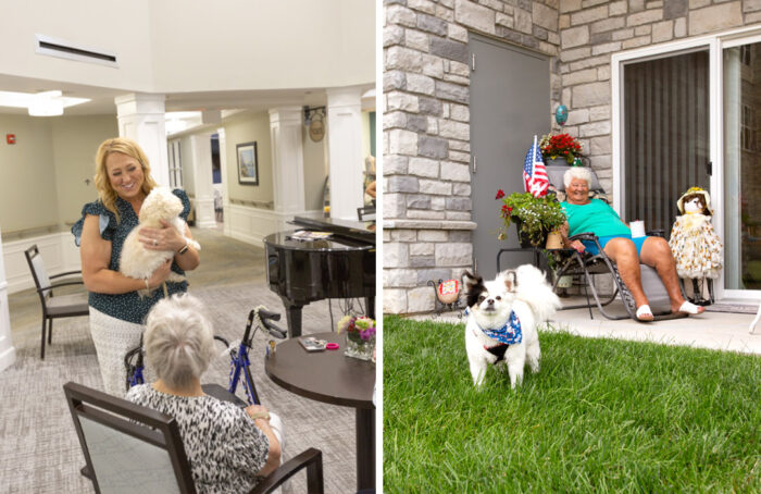 senior in senior living community with pet