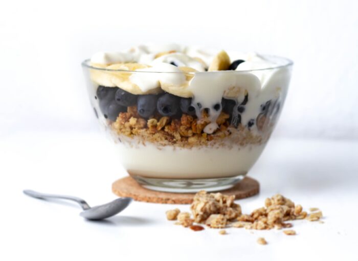 plain greek yogurt with fresh blueberries and granola