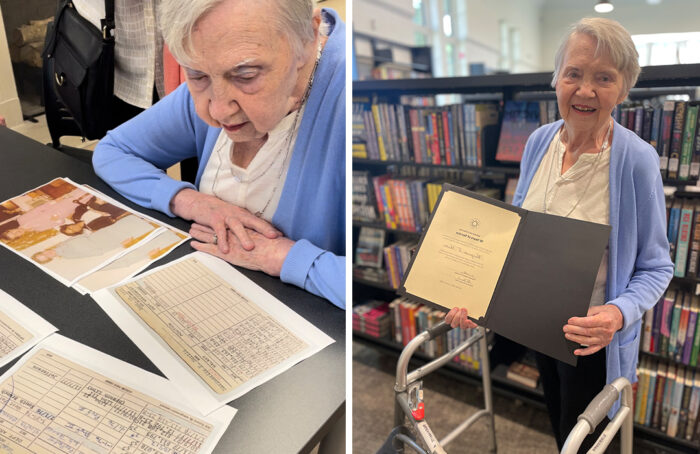 avon lake resident reading library documents and being presented with award