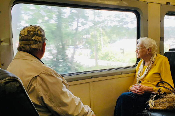couple of seniors watching through train window